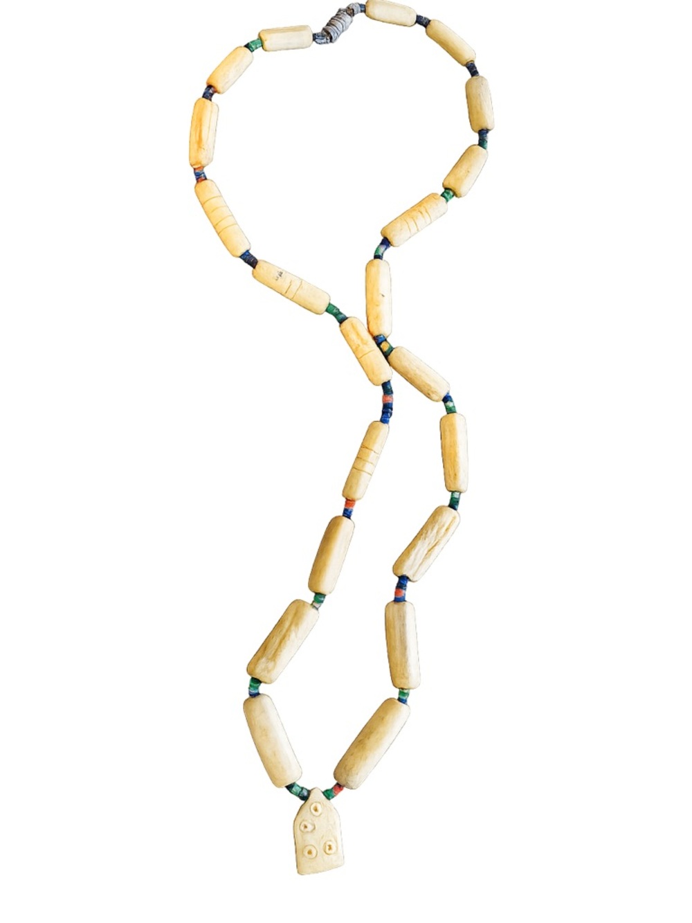 Source Unknown Cream Bone Bead Necklace with Green, Blue, and Red Accents